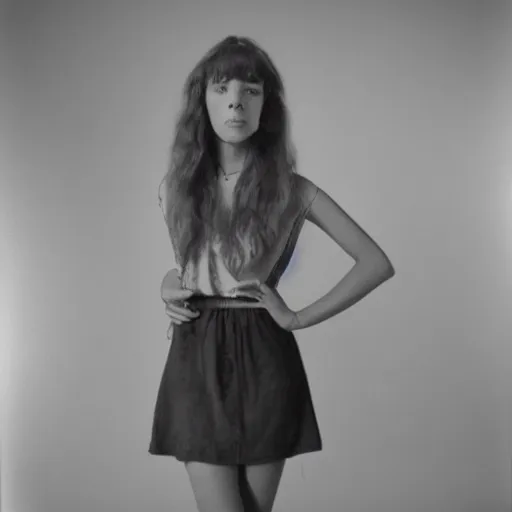 Prompt: 1970s studio portrait of a beautiful hippie girl with only a miniskirt on, medium format photography,