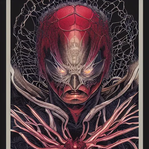 Image similar to portrait of dark spider, symmetrical, by yoichi hatakenaka, masamune shirow, josan gonzales and dan mumford, ayami kojima, takato yamamoto, barclay shaw, karol bak