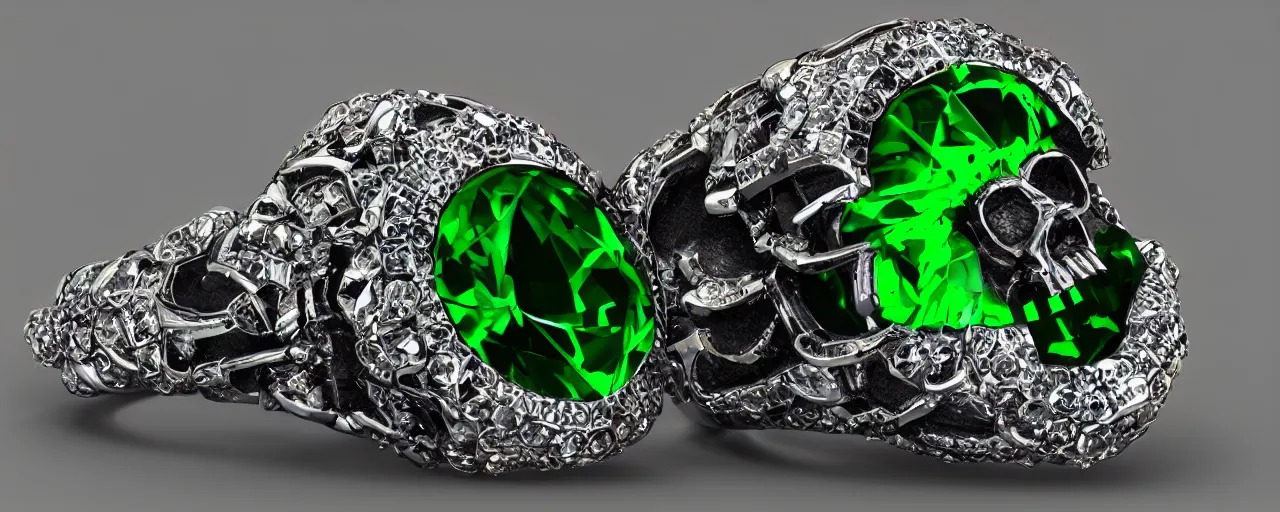 Image similar to simple magic crystal ring of poison, radiant cut, skull, skulls, green, black, purple. smooth shank, setting, prongs, crystal, engravings, diamonds, product design, jewelry, gold, silver, colorful, art by gerald brom, greg rutkowski and artgerm, photo realism, unreal engine, c 4 d