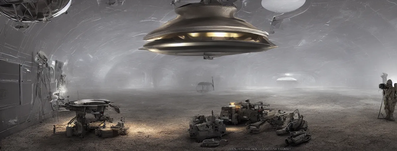 Image similar to engineer repairs special flying saucer full of modern military equipment, in the hall of area 55, high detail, ground fog, wet reflective ground, saturated colors, by James Paick, render Unreal Engine-H 704