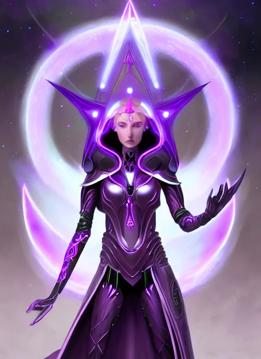 Image similar to portrait of an elf, eldar, aeldari, lady voidstar in full futuristic close fitting armor, glowing diagram of a pentagram and a star, intricate, elegant, purple, glowing lights, highly detailed, digital painting, artstation, concept art, smooth, sharp focus, illustration, art by wlop, mars ravelo and greg rutkowski