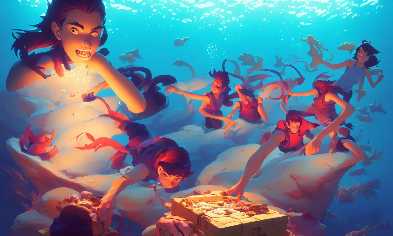 Image similar to Box of treasure laying underwater hd by Jesper Ejsing, by RHADS, Makoto Shinkai and Lois van baarle, ilya kuvshinov, rossdraws global illumination