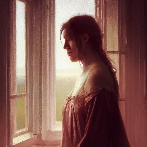 Prompt: young beautiful woman, view from window, sunset, high detail, dramatic light, digital art, chiaroscuro, painted by seb mckinnon, painted by greg rutkowski, painted by caspar david friedrich, trending on artstation
