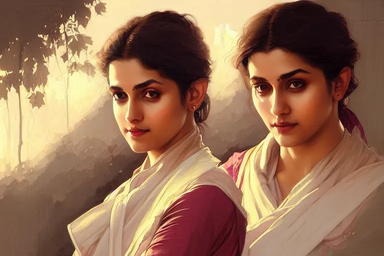 Image similar to Anxious good looking pale young Indian doctors talking, portrait, elegant, intricate, digital painting, artstation, concept art, smooth, sharp focus, illustration, art by artgerm and greg rutkowski and alphonse mucha