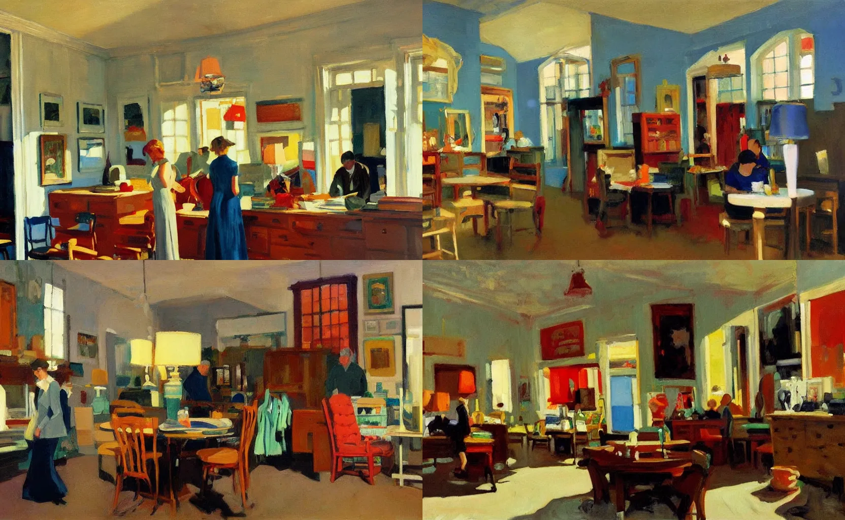 Prompt: the interior of a quaint thrift store, painting by Ben Aronson and Edward Hopper