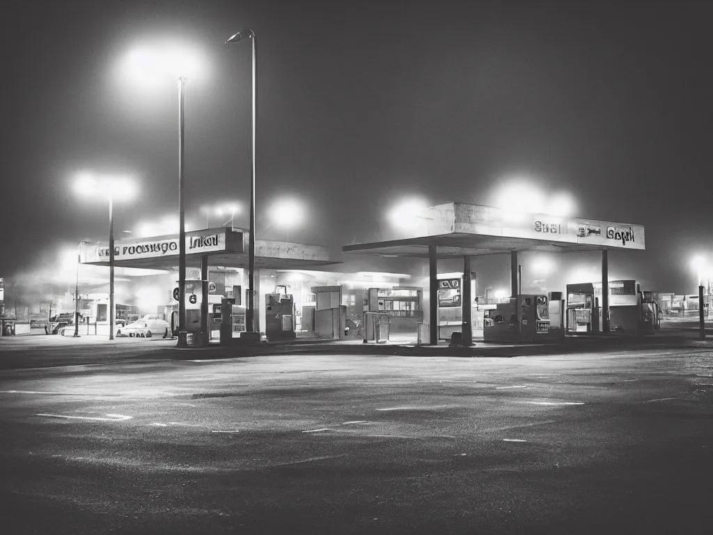 Prompt: “35mm film photography of gas station , fog, night, mood, atmospheric, full colour, digital photography, finished in Lightroom”