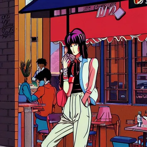 Image similar to young woman at a cafe in paris, graphic novel, visual novel cg, 8 0 s anime vibe, vaporwave nostalgia, vogue magazine, kimagure orange road, maison ikkoku, city hunter, great teacher onizuka