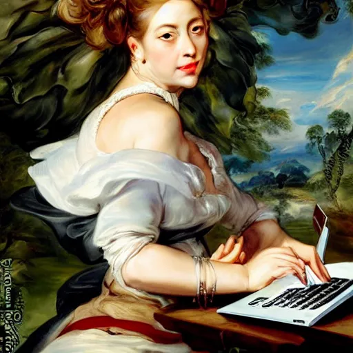 Image similar to heavenly summer sharp land sphere scallop well dressed lady working on her laptop auslese, by peter paul rubens and eugene delacroix and karol bak, hyperrealism, digital illustration, fauvist