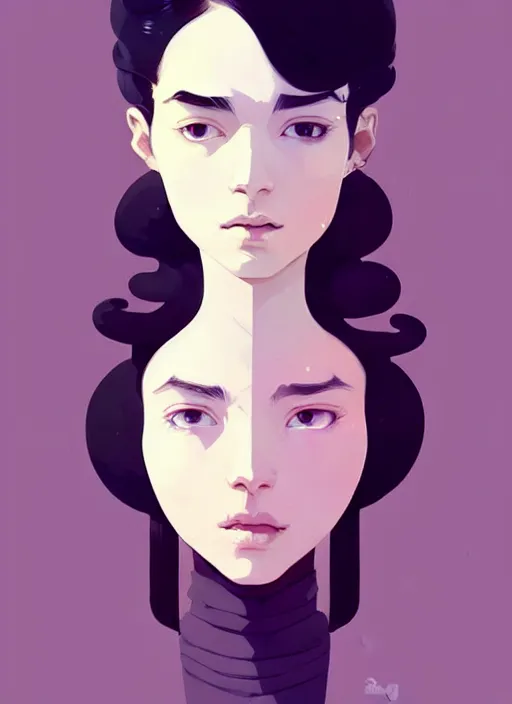 Image similar to highly detailed portrait of an androginous person, soft background, ringlet hair by atey ghailan, by greg rutkowski, by greg tocchini, by james gilleard, by joe fenton, by kaethe butcher, gradient violet, black, cream and white color scheme, trending in pinterest, award winning details