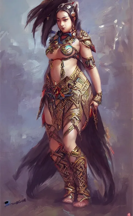 Image similar to curvy asian tribal armor girl by daniel gerhartz, trending on art station