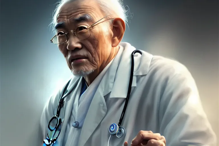Prompt: a elegant and beautiful female doctor in a white coat, a chinese old man in wheelchair, cinematic, highly detailed, digital painting, artstation, concept art, matte, sharp focus, illustration, art by artgerm and greg rutkowski