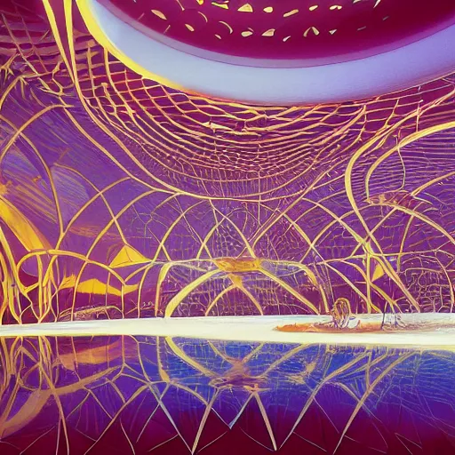 Prompt: interior of a futuristic lotus jellyfish membrane wirh caustics and light rays temple with gold, red and white marble panels, in the desert, by buckminster fuller and syd mead, intricate contemporary architecture, photo journalism, photography, cinematic, national geographic photoshoot