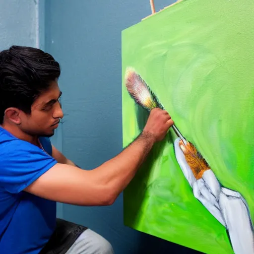 Prompt: A young male Latino artist painting a plain green picture on canvas