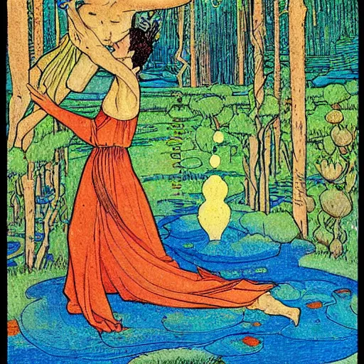 Image similar to a young couple who moved to another planet, hot weather, full growth, by Ivan Bilibin, Russian fairytales illustration