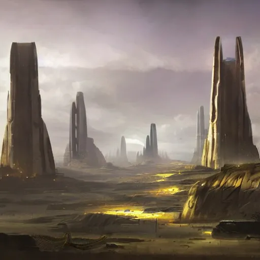 Image similar to pulp fantasy concept art painting of an alien civilisation, sacred monoliths, futuristic, technocracy, toxic, shrines, by greg rutkowski and james gurney