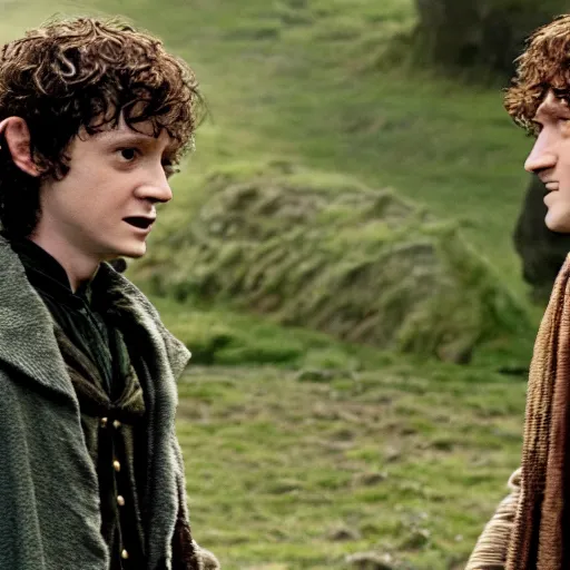 Image similar to frodo baggins meeting dumbledor, cinematic