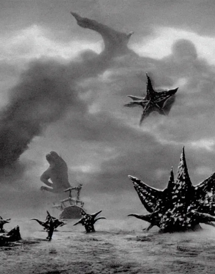 Image similar to a filmstill of a north korean monster movie, kaiju - eiga monster with starfish - arms trampling a traditional korean palace, foggy, film noir, epic battle, etheral, explosions, communist propaganda, communist epic thriller produced by kim jong - il, cinematography by akira kurosawa and tim burton, video compression