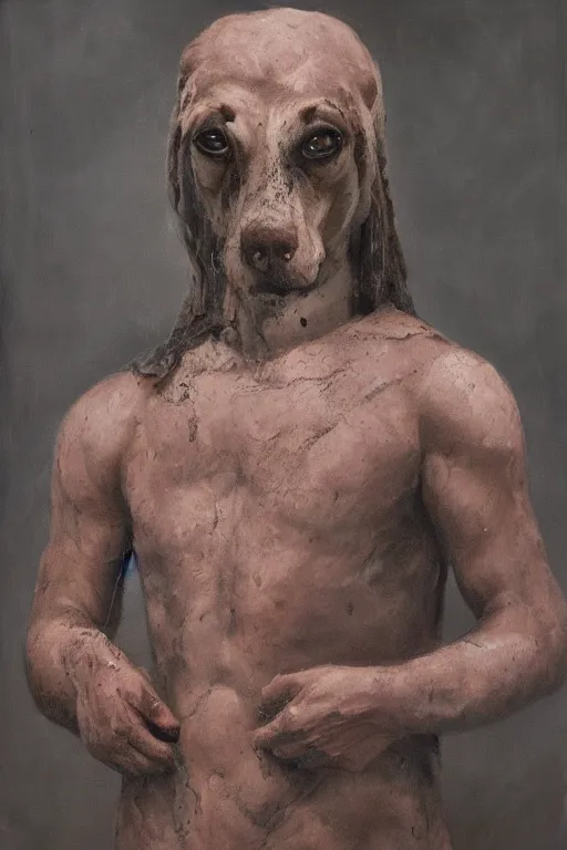 Prompt: Slavic dog head man, beautiful torso in medieval clothes, oil painting, hyperrealism, woolen, high resolution, trending on artstation,