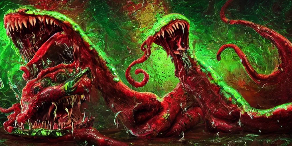 Prompt: a large slimy monster a with very long slimy tongue, dripping saliva, macro photo, fangs, red glowing skin, green skin with scales, cinematic colors, tiny glowbugs everywhere, standing in shallow water, insanely detailed, dramatic lighting