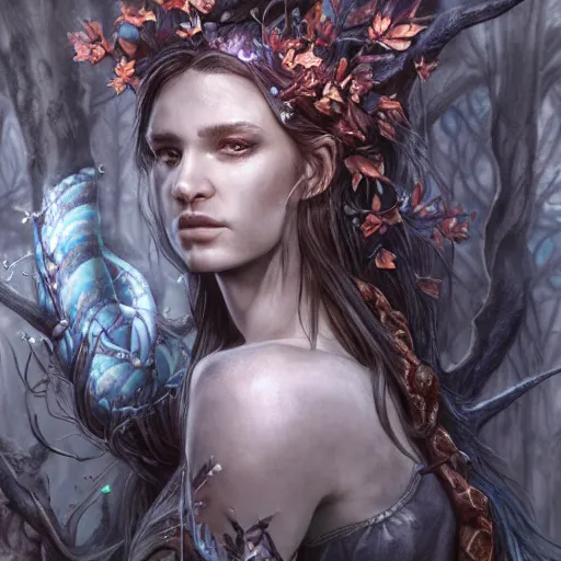 Image similar to high definition charcoal watercolor fantasy character art, hyper realistic, hyperrealism, luminous water elemental, snake skin armor forest dryad, woody foliage, 8 k dop dof hdr fantasy character art, by aleski briclot and alexander'hollllow'fedosav and laura zalenga