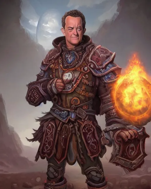 Image similar to tom hanks as a character in the game world of warcraft, with a background based on the game world of warcraft, detailed face