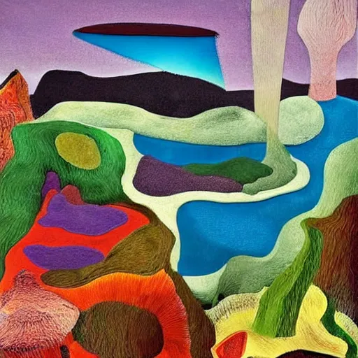Prompt: digital painting of a lush natural scene on an alien planet by eileen agar. ultra sharp high quality digital render. detailed. beautiful landscape. colourful weird vegetation. cliffs and water.