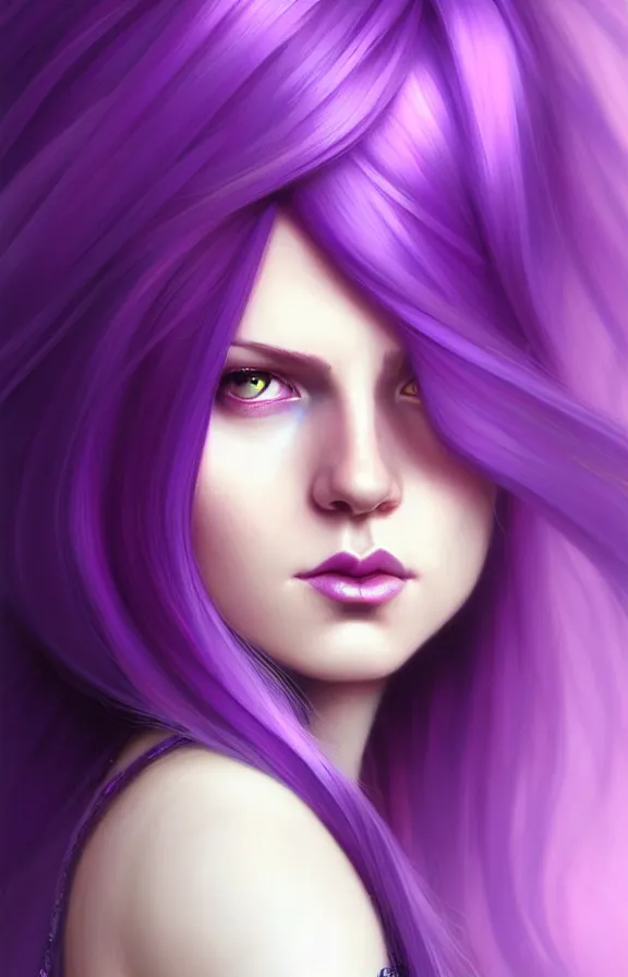 Image similar to Purple hair relistic Portrait of a woman with bright colored hair, all shades of purple. Hair coloring, long hair, blue eyes, fantasy, intricate, elegant, highly detailed, digital painting, artstation, concept art, smooth, sharp focus, illustration, art by artgerm and greg rutkowski and alphonse mucha