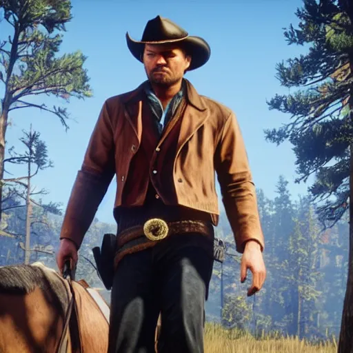 Prompt: leonardo dicaprio plays arthur morgan in the playstation 4 video game red dead redemption 2, video game screenshot