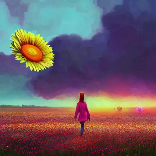 Prompt: giant daisy flower as a head, girl walking in flower field, surreal photography, sunrise, dramatic light, impressionist painting, colorful clouds, digital painting, artstation, simon stalenhag