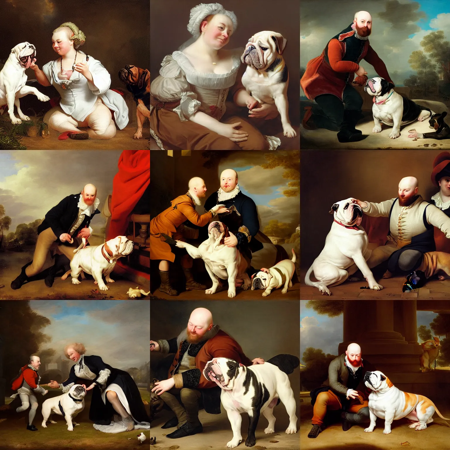 Prompt: playful portrait of angriestpat petting an english bulldog by joseph ducreux