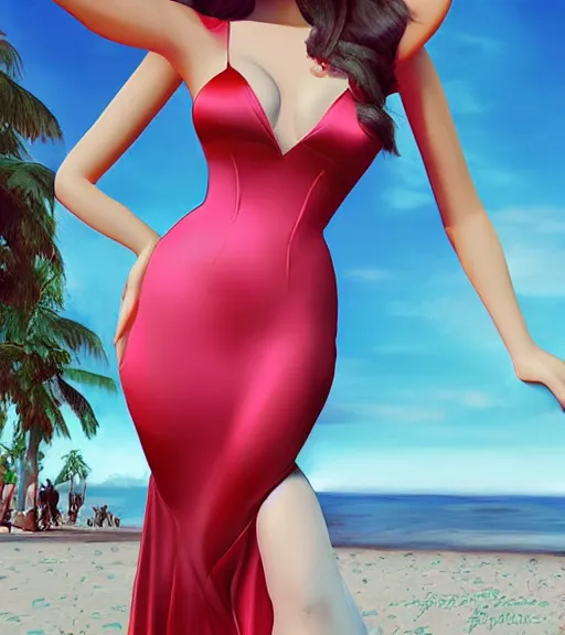 Prompt: beautiful princess wearing a skintight satin prom dress on the beach drawn by artgerm