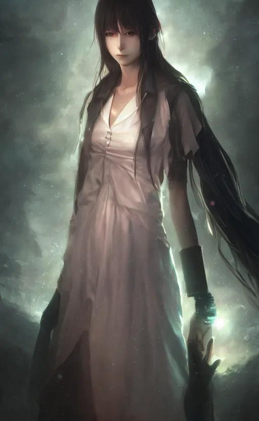 Prompt: a girl from final fantasy live action, steins gate, evocative, mystical night, very very very very detailed, award winning, masterpiece digital painting by greg rutkowski, alex grey, artstation, 4 k wallpaper