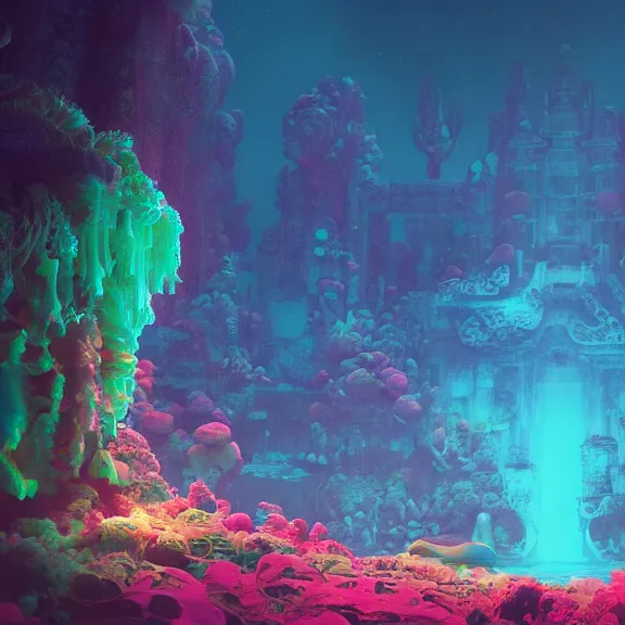 Prompt: Beautiful digital matte painting of a temple underwater in the style of Furality Luma by Liam Wong and Beeple. Bioluminescent phytoplankton, vast expanse, deep underwater, awe-inspiring, comfy, vivid, 35mm, by Sylvain Sarrailh, f/11. By Beeple, colorful vivid, rendered in Unreal Engine