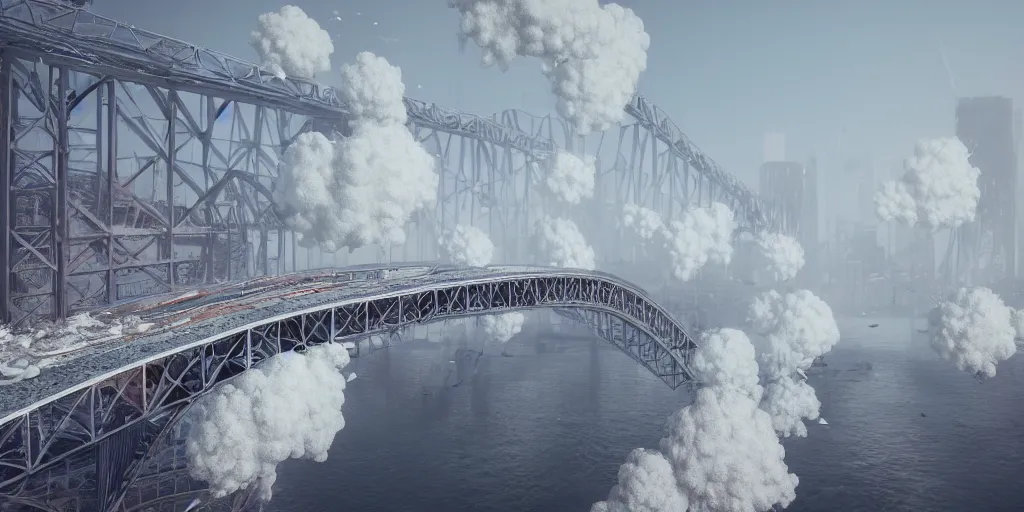 Image similar to explosions in the form of realistic white cotton plants on harbour bridge, huge white cotton everywhere on the destroyed harbour bridge, smooth, sharp focus, highly detailed, 3 d octane render, epic lighting, crazy atmosphere, lots of white cotton, 8 k, by goro fujita