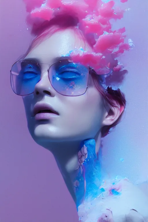 Prompt: 3 d, close - up, liquid white oil, happy fashion model, deep blue fog, smoke, poster art, high detail, intricate oil painting, multiple exposure, deep pink color palette, hyperrealism, 3 d, by tooth wu and wlop and beeple and greg rutkowski