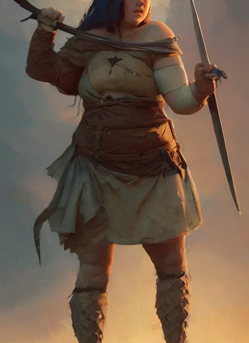 Image similar to hyper realistic photo of medieval chubby beautiful warrior girl, full body, rule of thirds, conceptart, saturated colors, cinematic, greg rutkowski, brom, james gurney, mignola, craig mullins, artstation, cgsociety