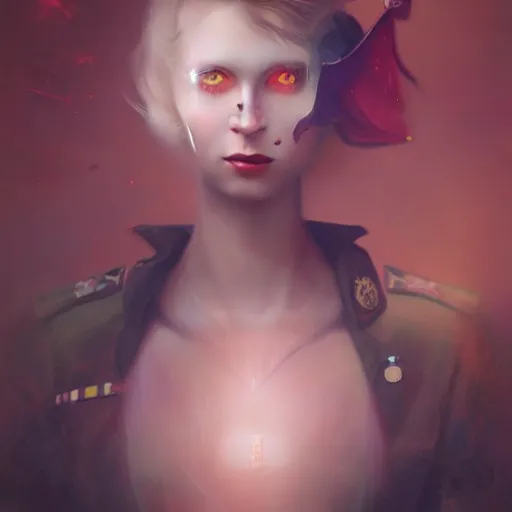 Image similar to gorgeous happy devil in military uniform by tom bagshaw, by beeple, soft lighting, solid background,