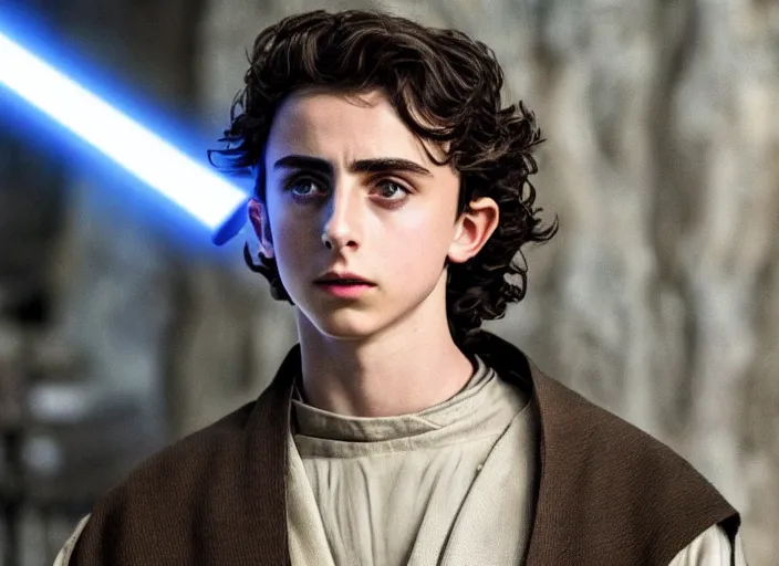 Prompt: timothee chalamet plays anakin skywalker in the live action remake of star wars revenge of the sith, 3 5 mm photography, highly detailed, cinematic lighting, standing pose, 4 k