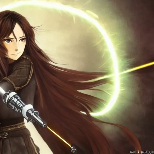 Image similar to a female Kazuto Kirigaya Kirito as young woman with brown long hair and bangs and wearing a long black coat breast-armor showing through, with light-saber, face, fantasy, intricate, elegant, highly detailed drawn by Julie Bell and Fernanda Suarez and Artem Demura, face by Artgerm and Edmund Leighton, Alphonse Mucha, background by James Jean and Gustav Klimt, 4k, porcelain skin, komorebi, french nouveau, trending on pixiv, octane render, hyperrealistic