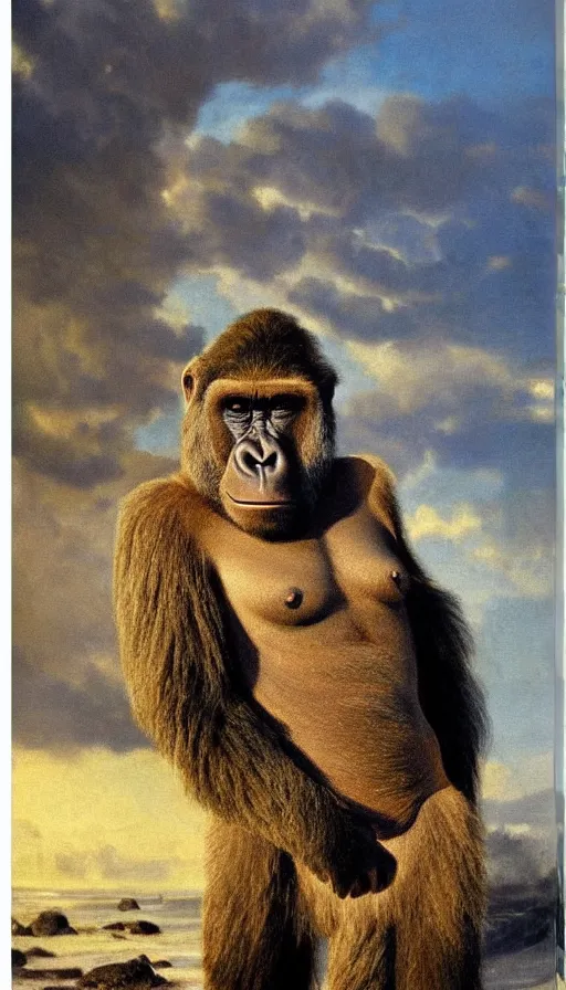 Prompt: Fuzzy gorilla on the beach, by Peder Krøyer, golden hour, dramatic lighting, volumetric lighting, intricately detailed, canvas print