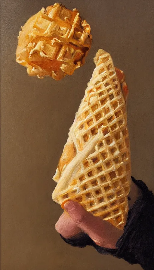 Image similar to still life painting of a hand holding a waffle cone containing 3 scoops of italian gelato by Peder Krøyer, golden hour, dramatic lighting, intricate detail, canvas print, 4k