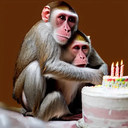 Prompt: an older monkey hugging his younger sister, birthday, cake, hyper realistic