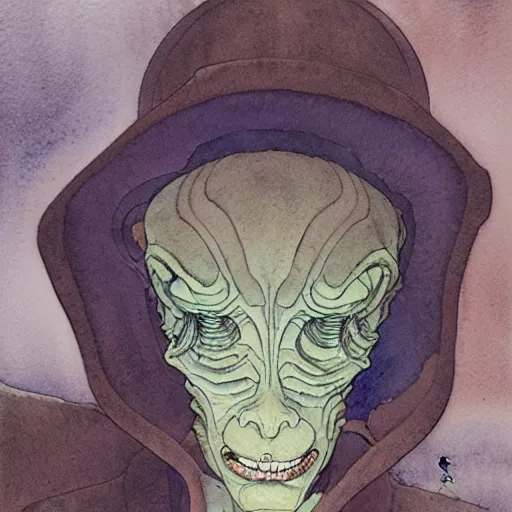 Image similar to a simple and atmospheric watercolour portrait of a pulp sci - fi alien demon, very muted colors, by rebecca guay, michael kaluta, charles vess and jean moebius giraud