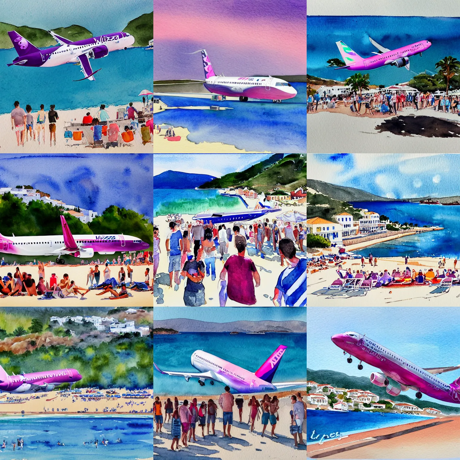 Prompt: a watercolor painting of a wizzair airbus a 3 2 1 neo landing at skiathos airport, low over the heads of the people on the beach