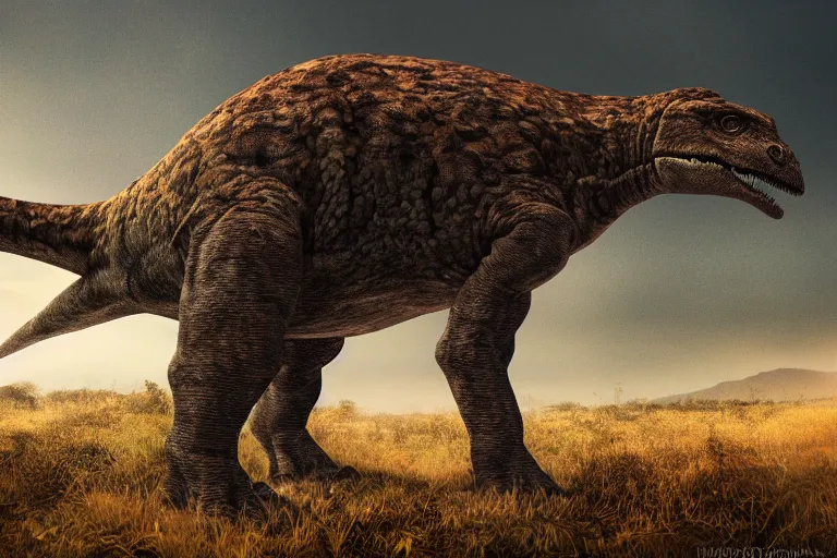 Prompt: Realistic photograph of a tired dinosaur standing in the distance in the style of Dark Naturalism, Jungle Grunge, twilight, glows, detailed, studio quality, hd image,