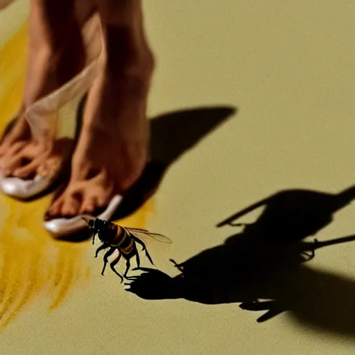 Prompt: ' amber heard'stepping on a tiny bee, cinematic scene, clean composition, 8 mm focused, award winning photography