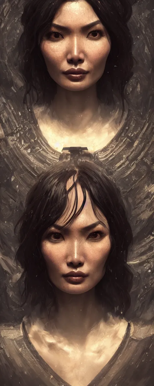 Image similar to portrait of gemma chan tavern bard, surrealistic, intricate face, crazy expression, sweat, narrow dark streets with exotic dancers, vaporwave aesthetics, 8 k uhd, unreal engine, octane render in the artstyle of finnian macmanus, john park and greg rutkowski