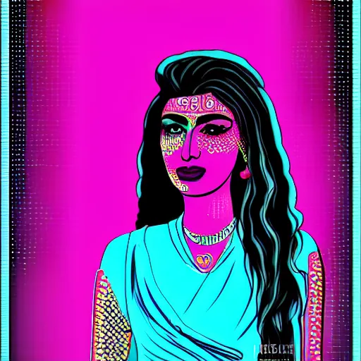 Image similar to a portrait of an indian trans woman, in retro colors, synthwave style, 2 d digital vector art