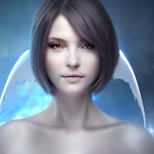 Prompt: realistic clean studio digital art of a futuristic anime white woman blade - angel with glowing mystic robotic wings, 2 0 7 7 city, sparks behind the woman. portrait shot. the wings have some sharp thin blades. the face is cleary visible. the woman is smirking.