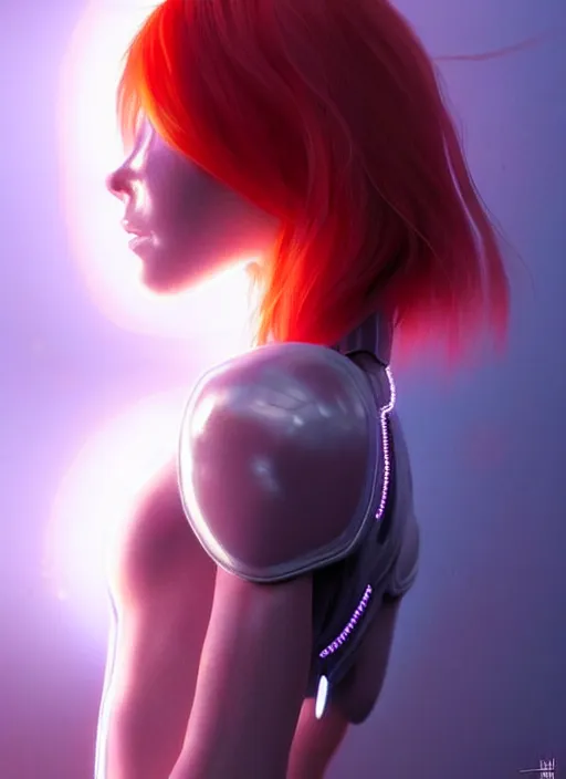 Prompt: beautiful scandinavian redhead female humanoid with freckles, by loish, d & d, fantasy, cyber neon lighting, futurism, intricate futuristic jewelry accessories, cyberpunk high fashion glossy latex suit, profile posing, perfect anatomy, hyper photorealistic, digital photography, artstation, pinterest, concept art, art by pascal blanche and greg rutkowski,